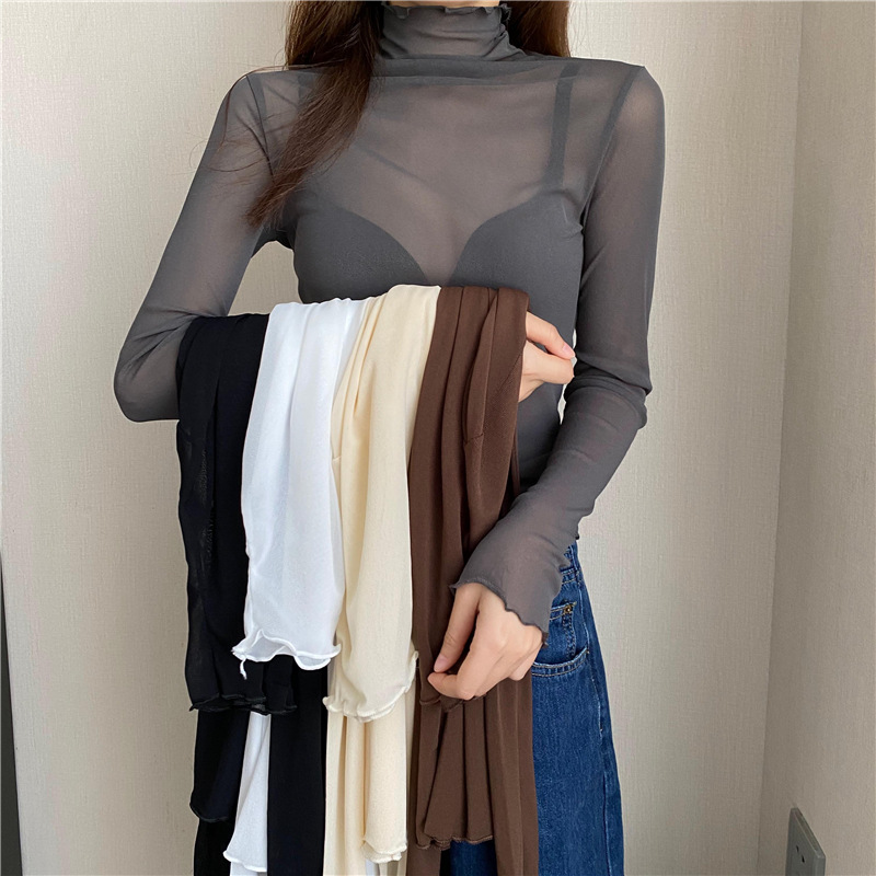 Slim-fit turtleneck inner long-sleeved lace bottoming shirt Women's thin mesh top autumn and winter black wooden ear gauze shirt Women