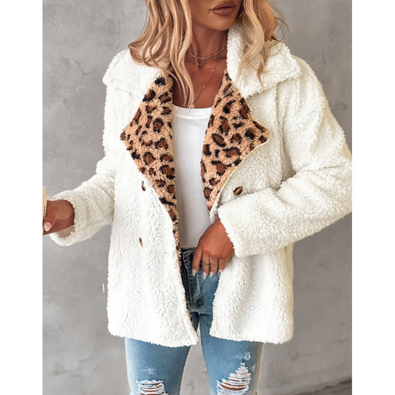 2026 Amazon Aliexpress New Leopard Print Spliced Lapel Long-Sleeved Furry Cardigan Jacket 9281