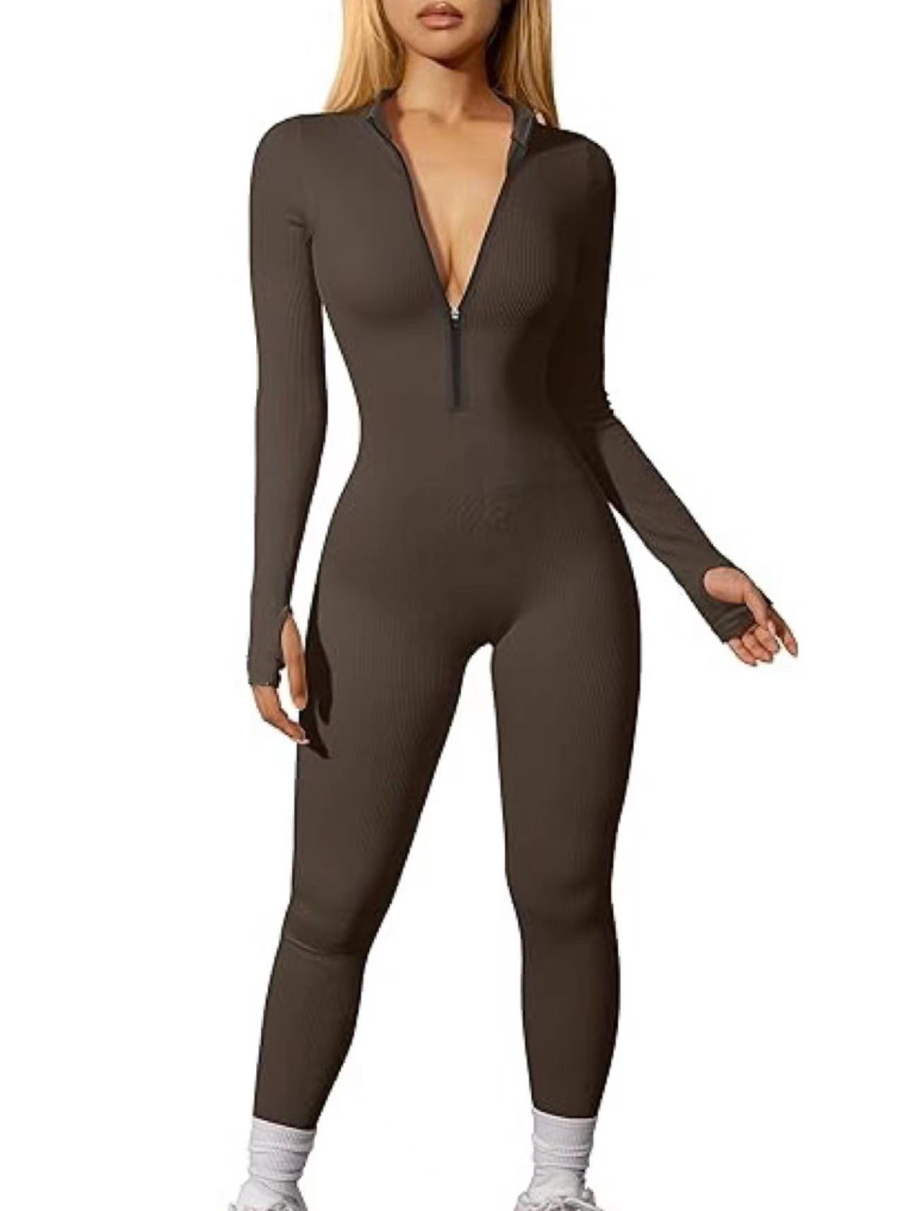 European and American Cross-Border 2026 Women's Sports Jumpsuit Workout Ribbed Long-Sleeved Zipper Casual Jumpsuit Pants Tight