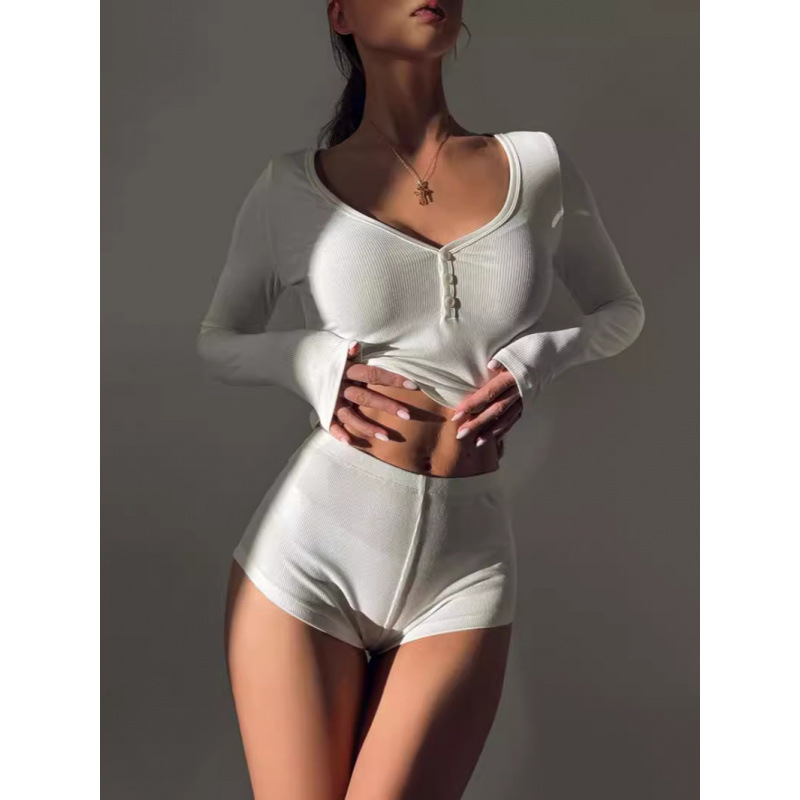 2025 European and American Style Women's Sexy Low-Cut V-Neck Tight Long-Sleeved Tops Sports Style Super Shorts Two-Piece Set