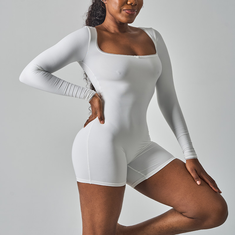 Lace Long Sleeve Bodysuit Cross-Border Export Lace Long-Sleeved Tight Elastic Square Neck Jumpsuit