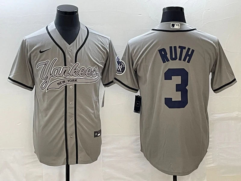 Men's New York Yankees Babe Ruth #3 Gray Player Jersey Joint Edition