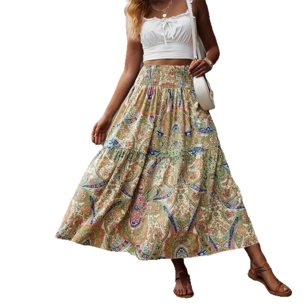 Long New Women's Clothing with a Fresh Forest Style, Floral Print, Casual, Versatile, Slim Fit, Pleated, High-Waisted Skirt