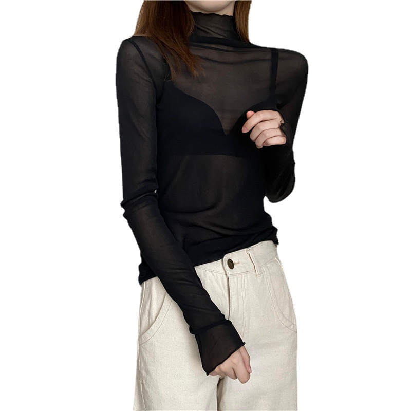 Slim-fit turtleneck inner long-sleeved lace bottoming shirt Women's thin mesh top autumn and winter black wooden ear gauze shirt Women