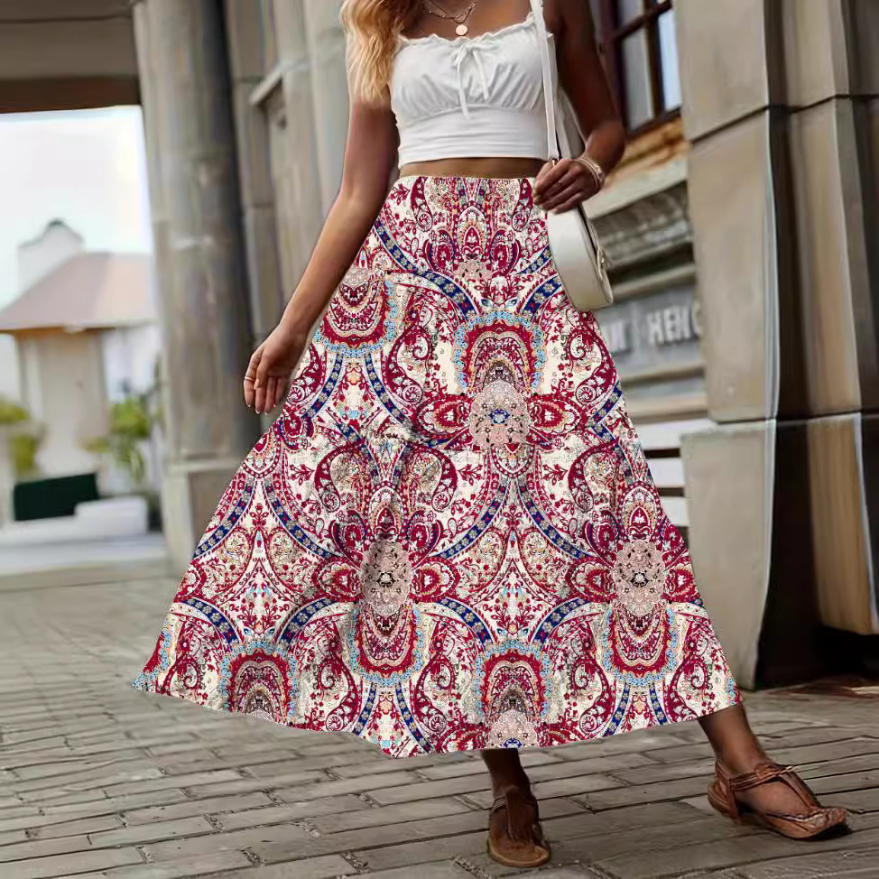 Long New Women's Clothing with a Fresh Forest Style, Floral Print, Casual, Versatile, Slim Fit, Pleated, High-Waisted Skirt
