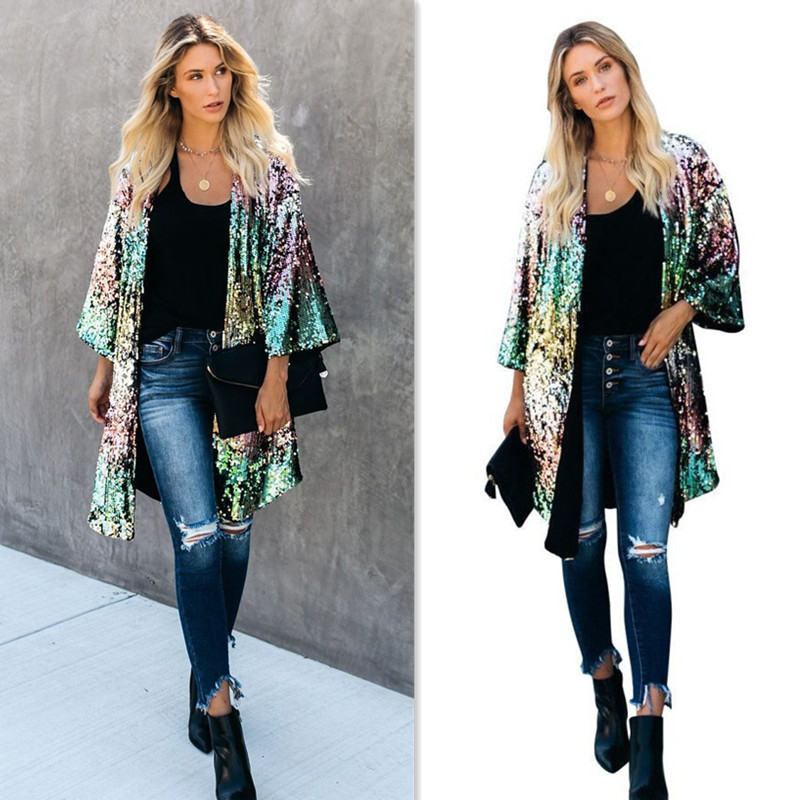 Factory in stock wholesale cross-border women's clothing European and American style fashion color sequins personality Street Cardigan trench coat for women