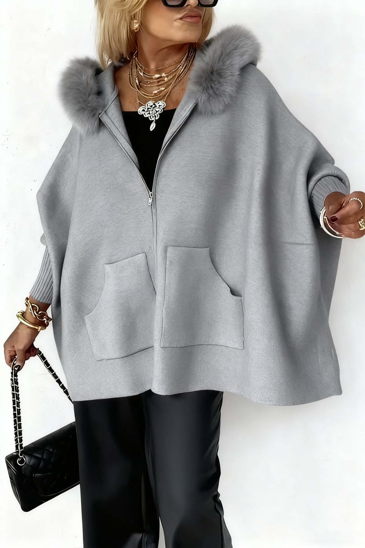 2025 Autumn and Winter European and American Cross-Border Amazon Fashion Loose Pocket Zipper Large Fur Collar Knitted Hooded Jacket