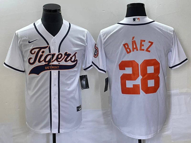 Men's Detroit Tigers Javier Baez #28 White Replica Player Jersey Joint Edition